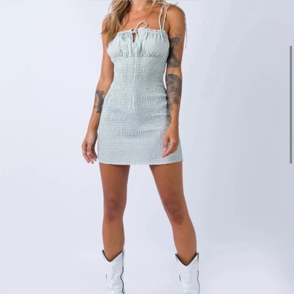 Princess Polly Korina Light Green Gingham Shirred Mini Dress - Size 4 - Picture 3 of 8